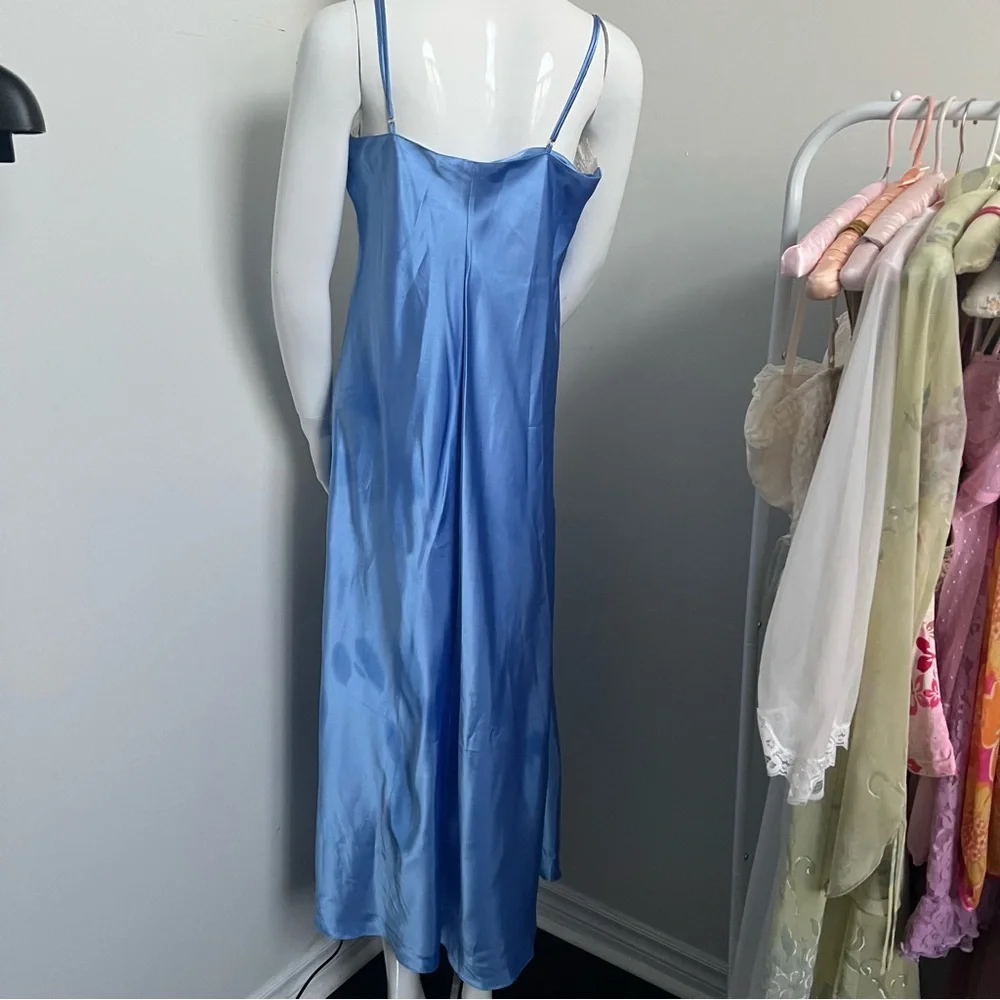 NWT Vintage Blue Satin Lace Trim Slip Dress 90s Lingerie Style Maxi Deadstock L - Picture 6 of 8